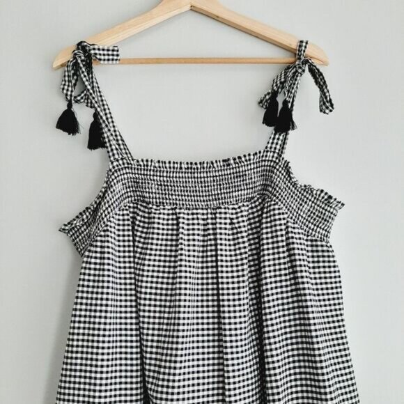 OLD NAVY | Tiered Gingham Swing Mini Dress w Pockets Babydoll Checkered B&W L P - Picture 3 of 16